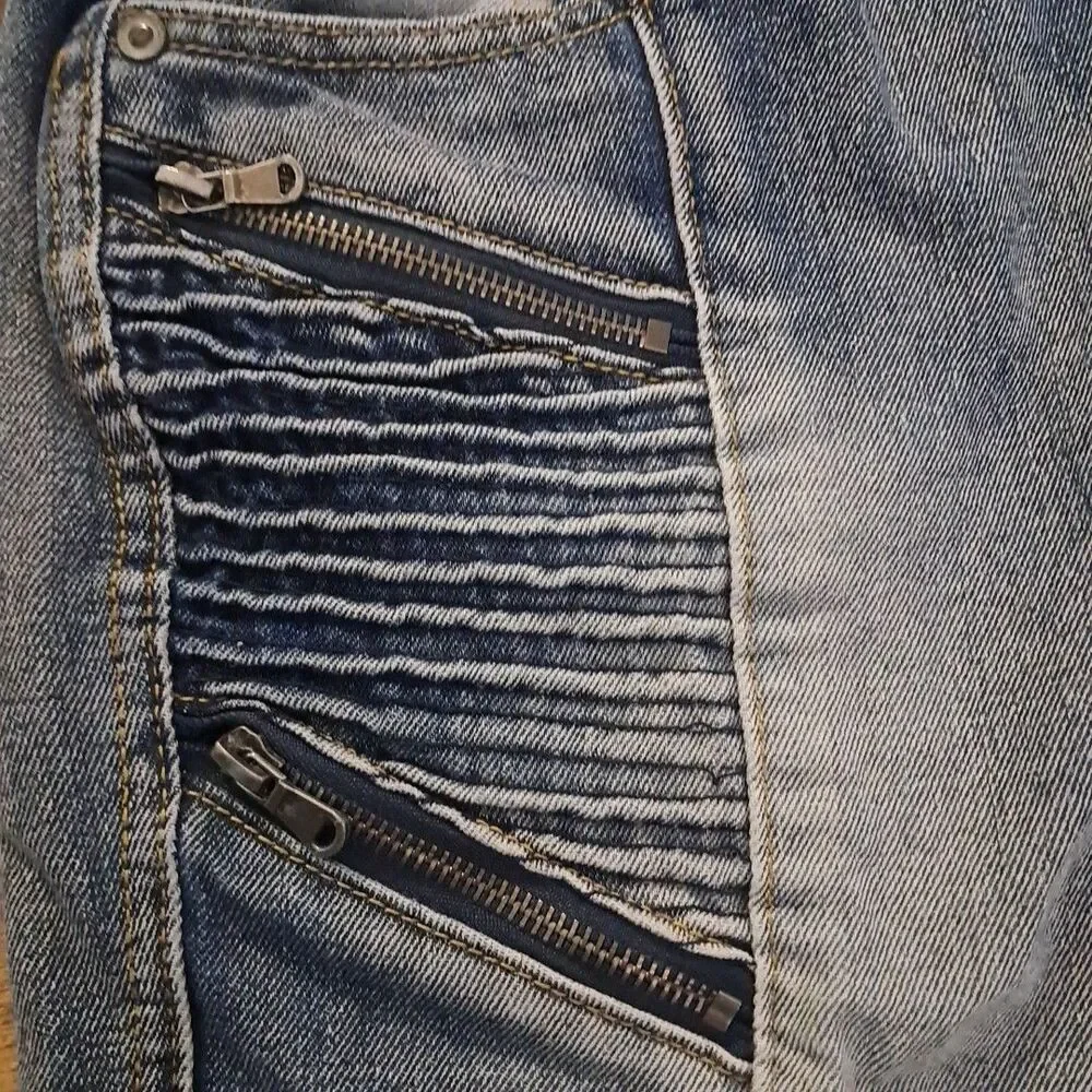 Trilination Shorts Men's 30 Moto Biker Denim Blue Distressed Zipper Pockets Jean